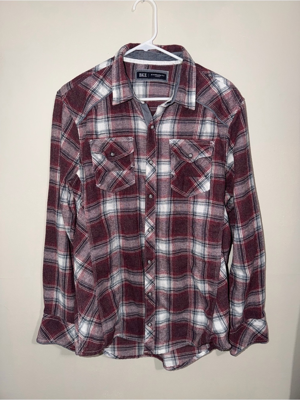 BKE Men’s Large Burgundy Plaid Western Snap Flannel Shirt